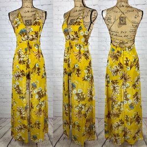 Windsor Mustard Floral Plunge Front Open Back Maxi